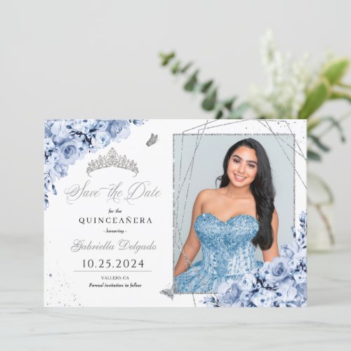 Dusty Blue Silver Quinceaera Save The Date Photo Invitation