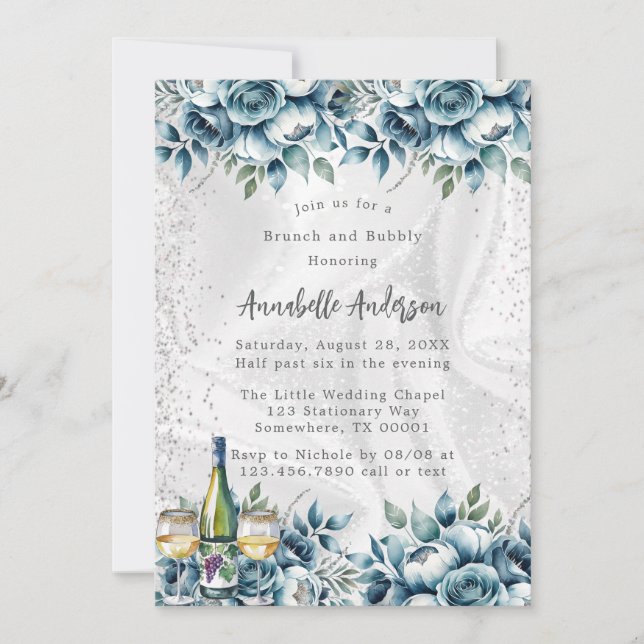 Dusty Blue Silver Rose Brunch and Bubbly Invitation (Front)