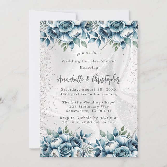Dusty Blue Silver Rose Wedding Couples Shower Invitation (Front)
