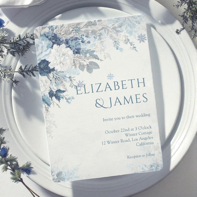 Dusty Blue Silver Rose Winter Floral Wedding Invitation (Creator Uploaded)