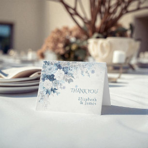 Dusty Blue Silver Rose Winter Floral Wedding Letterpress Thank You Card