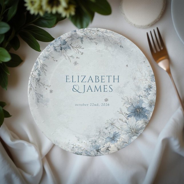 Dusty Blue Silver Rose Winter Floral Wedding Paper Plates (Creator Uploaded)