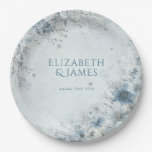 Dusty Blue Silver Rose Winter Floral Wedding Paper Plates