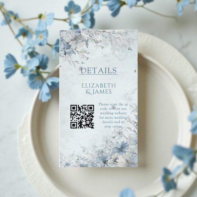 Dusty Blue Silver Rose Winter QR Code Wedding  Enclosure Card (Creator Uploaded)