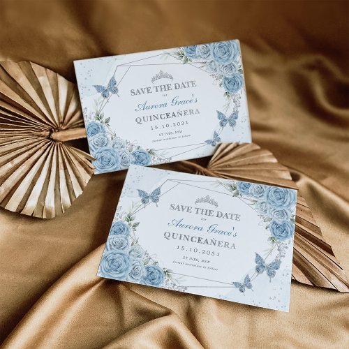 Dusty Blue Silver Roses Quinceanera Save the Date Announcement