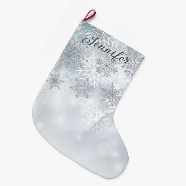 Dusty Blue & Silver Snowflake Christmas Stocking (Front (Hanging))
