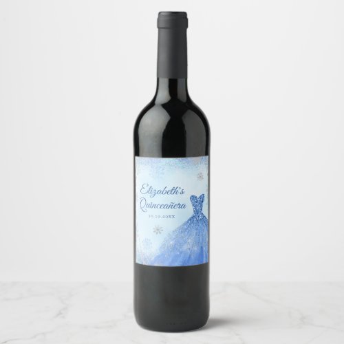 Dusty Blue Silver Snowflake Winter Quinceaera Wine Label