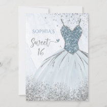 Dusty Blue Silver Sparkle Dress Sweet 16 birthday Invitation