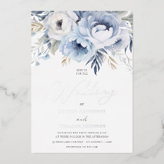 Dusty Blue & Silver Sparkle Floral Wedding Foil Invitation
