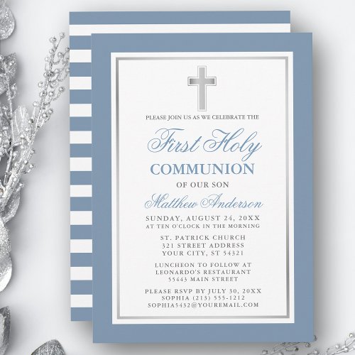 Dusty Blue Silver Striped First Holy Communion Invitation