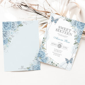 Dusty Blue Silver Sweet 16 Butterfly Birthday Invitation