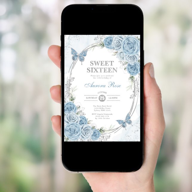 Dusty Blue Silver Sweet Sixteen 16th Birthday Invitation (Front Digital)