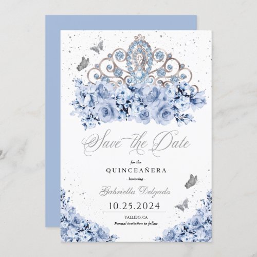 Dusty Blue Silver Tiara Save The Date Quinceaera Invitation