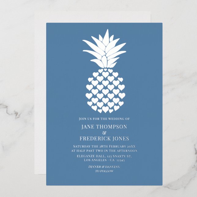 Dusty Blue & Silver Tropical Pineapple Wedding Foil Invitation (Front/Back)