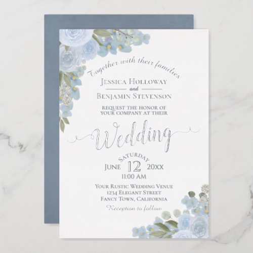 Dusty Blue  Silver Watercolor Floral Boho Wedding Foil Invitation