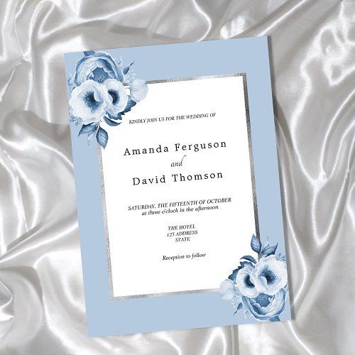 Dusty blue silver watercolored florals wedding invitation