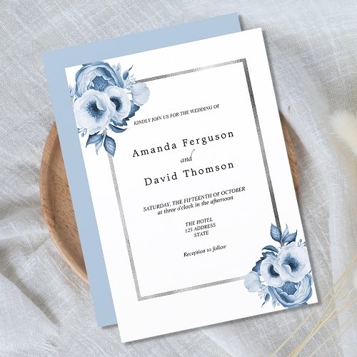 Dusty blue silver watercolored florals wedding invitation