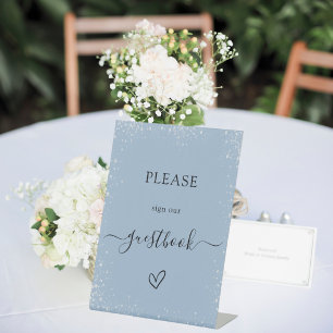 Dusty blue silver wedding guest book pedestal sign
