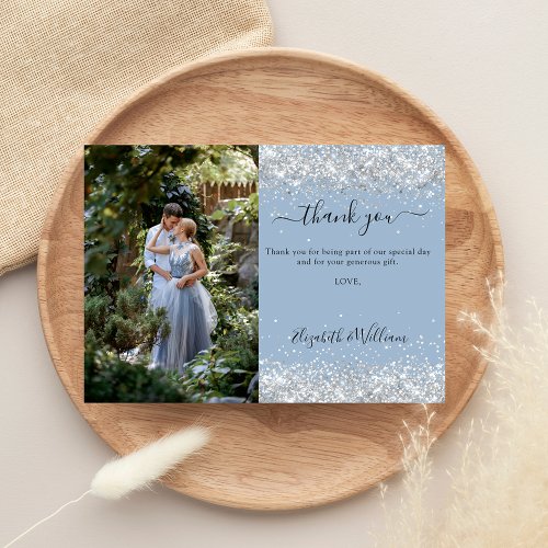 Dusty blue silver wedding photo thank you card