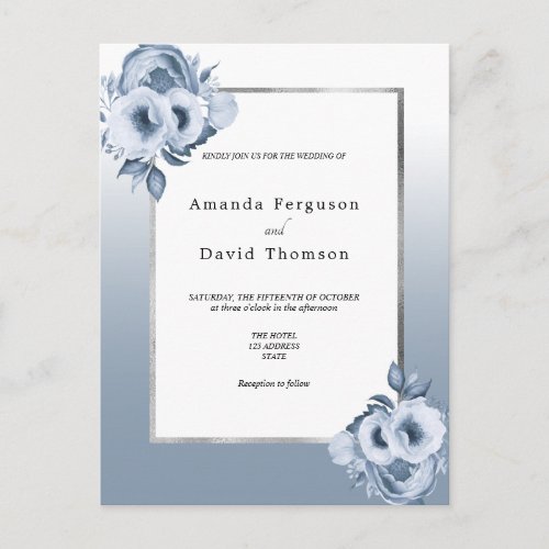 Dusty blue silver white florals wedding invitation postcard