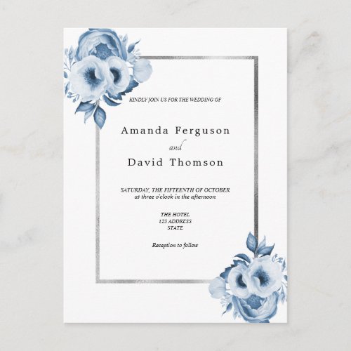 Dusty blue silver white florals wedding invitation postcard
