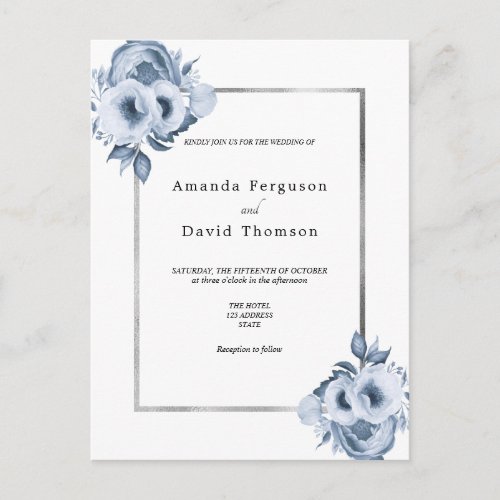 Dusty blue silver white florals wedding invitation postcard