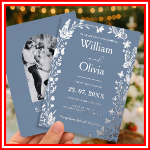 Dusty Blue Silver Wildflower Photo Wedding Foil Invitation
