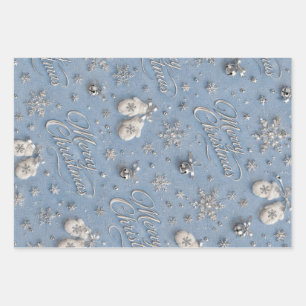Dusty Blue Silver Winter Merry Christmas wrapping Paper Sheets