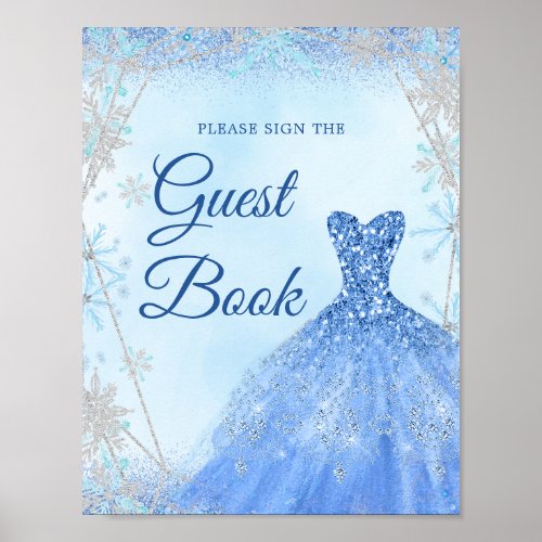 Dusty Blue Silver Winter Snowflake 15th Guest Book