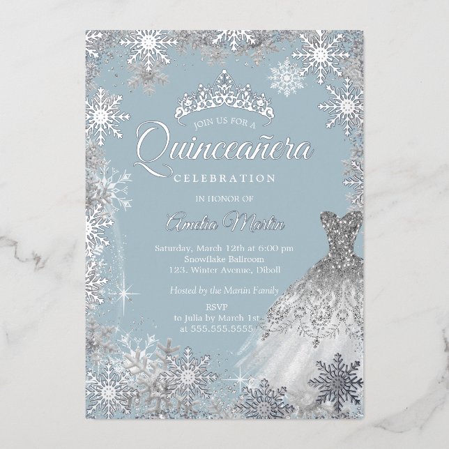 Dusty Blue Silver Winter Snowflake Quinceanera Foil Invitation (Front)