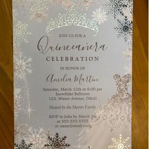 Dusty Blue Silver Winter Snowflake Quinceanera  Foil Invitation