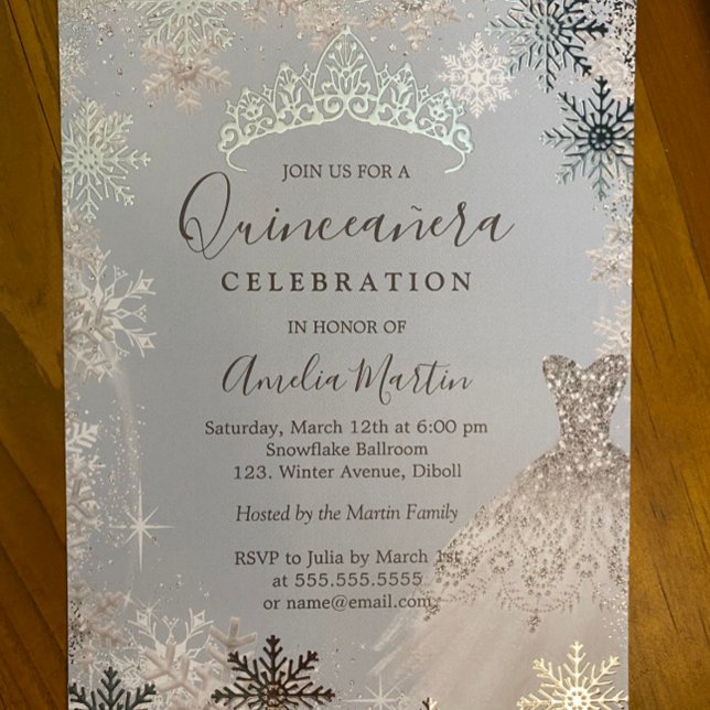 Dusty Blue Silver Winter Snowflake Quinceanera  Foil Invitation (Creator Uploaded)