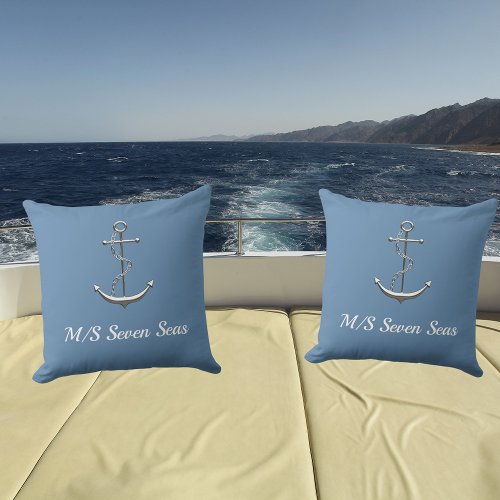 Dusty blue silver yacht boat anchor name outdoor pillow