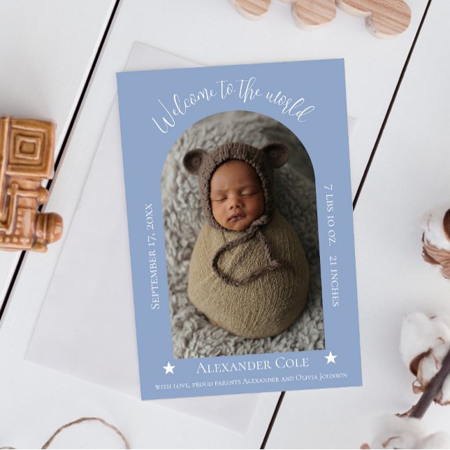 Dusty Blue Simple Arch Frame Photo Birth Announcement (Dusty Blue Simple Arch Frame Photo Birth Announcement)