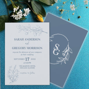 Dusty Blue Simple Boho Floral Bicolor Wedding Invitation