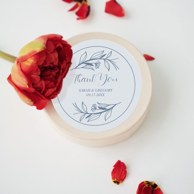 Dusty Blue Simple Boho Thank You Wedding Favor Classic Round Sticker (Creator Uploaded)