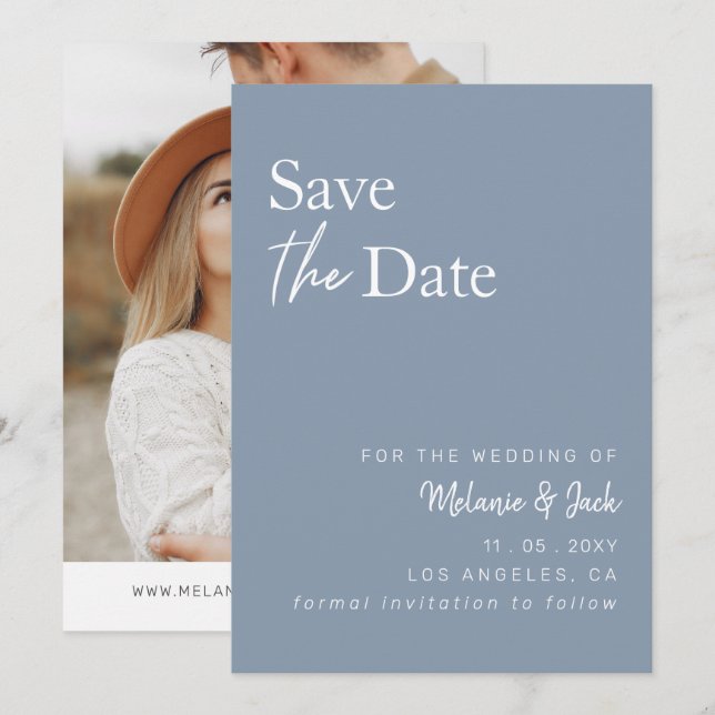 Dusty Blue Simple Calligraphy Photo Save The Date (Front/Back)