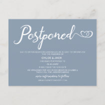 Dusty Blue Simple Calligraphy Postponed Announcement Postcard