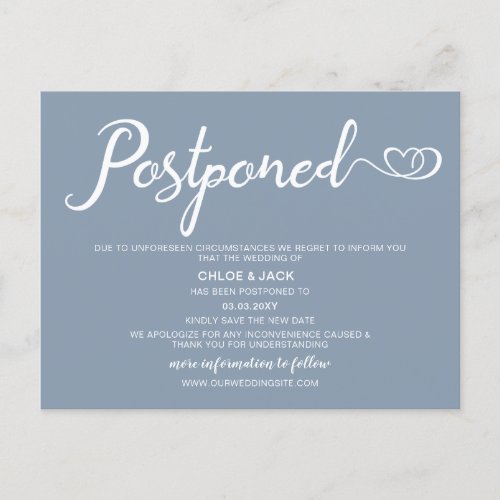 Dusty Blue Simple Calligraphy Postponed Announcement Postcard