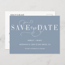 Dusty Blue Simple Calligraphy Save the Date Announcement Postcard