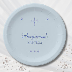 Dusty Blue Simple Cross Christian Baptism Paper Plates