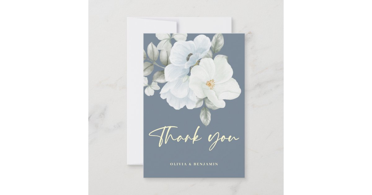 Dusty Blue Simple Elegant Floral Minimal Wedding Thank You Card | Zazzle