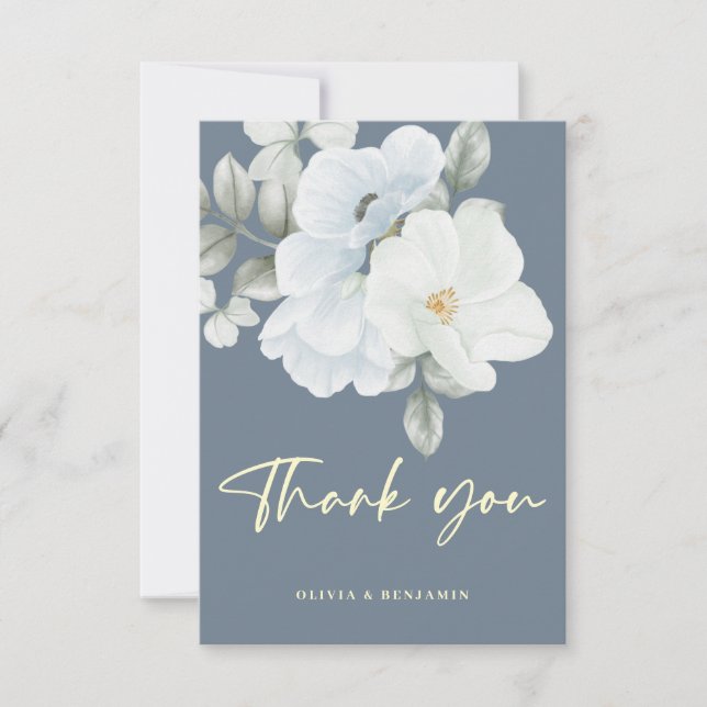 Dusty Blue Simple Elegant Floral Minimal Wedding Thank You Card (Front)