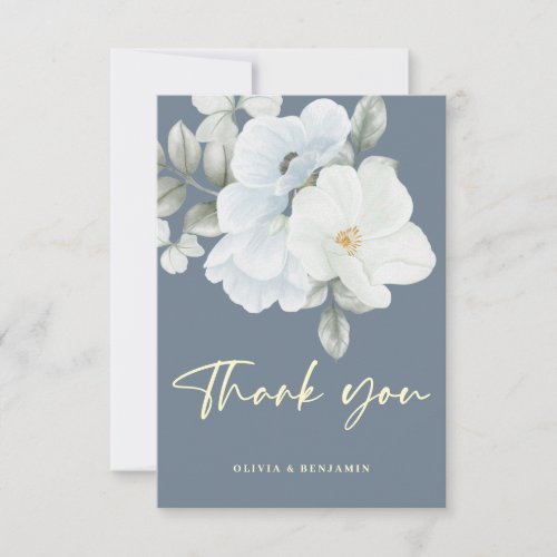 Dusty Blue Simple Elegant Floral Minimal Wedding Thank You Card