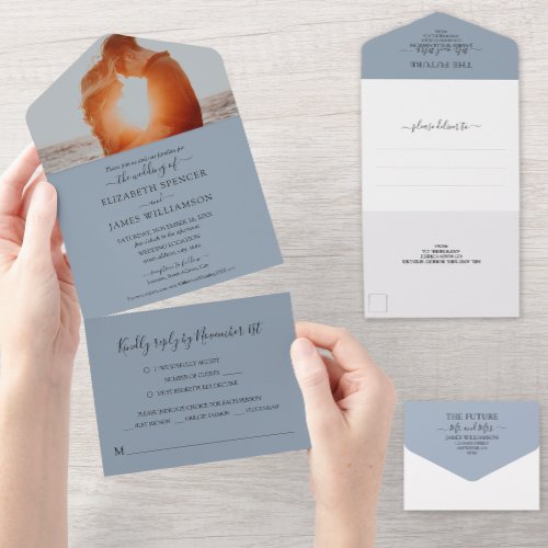 Dusty Blue Simple Elegant Photo Wedding All In One Invitation