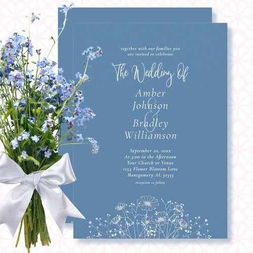 Dusty Blue Simple Floral QR Code Photo Wedding Invitation