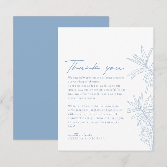 Dusty Blue Simple Hand Drawn Botanical  Thank You Card (Front/Back)