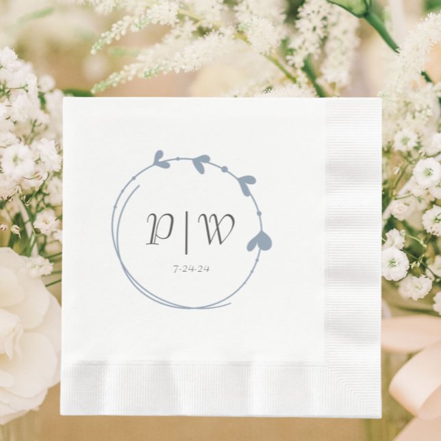 Dusty Blue Simple Heart Wreath Monogram Wedding Napkins (In Situ Wedding)