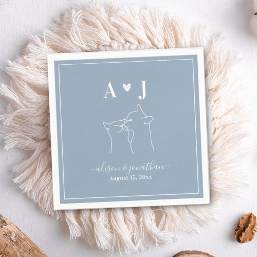 Dusty Blue Simple Minimalist Cat Monogram Wedding Napkins