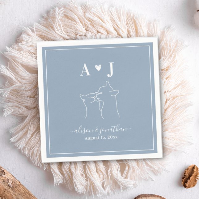 Dusty Blue Simple Minimalist Cat Monogram Wedding Napkins (Creator Uploaded)